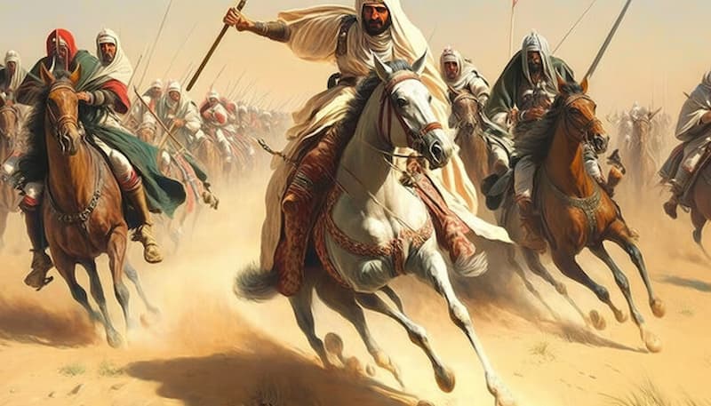 A historical depiction of the Prophet Muhammad and his companions preparing for the Battle of Badr, highlighting its strategic importance.