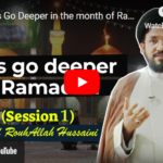 Sayyed RouhAllah Hussaini guiding reflections on the last 10 days of Ramadan, emphasizing the purpose of fasting, differences between goals and destinations, and achieving the essence of fasting, set against a mosque background with a YouTube play button.