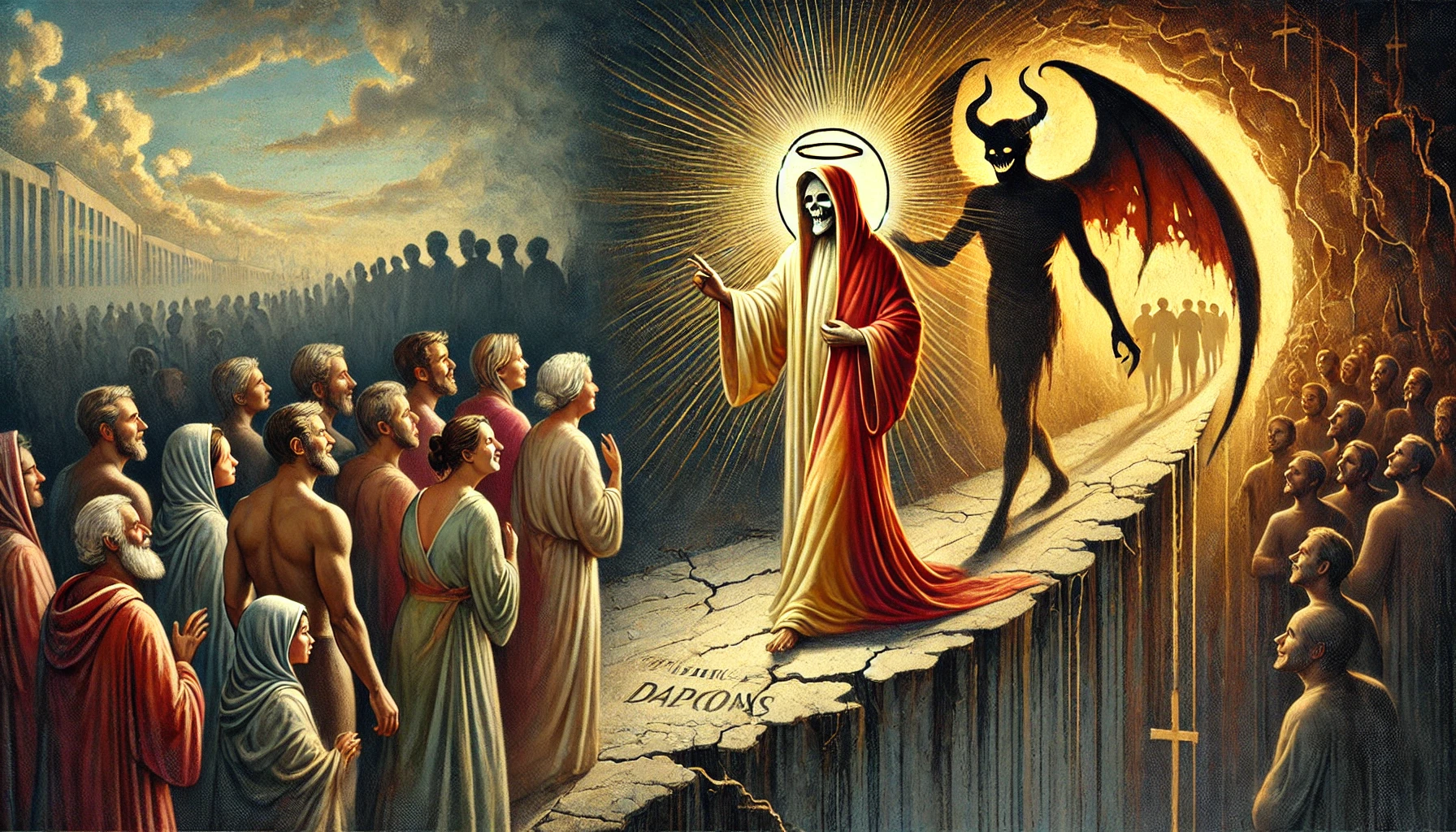 A symbolic depiction of Ahmad al-Hassan portrayed as a deceptive figure. Dressed in a seemingly divine robe, his shadow reveals a darker, sinister form. A crowd of followers walks on a crumbling path, unaware of the danger ahead, while scattered symbols of faith, such as broken halos and torn religious texts, emphasize the theme of false prophecy